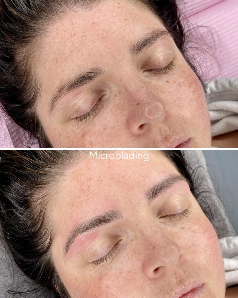Microblading eyebrows before and after, hair-stroke permanent makeup result