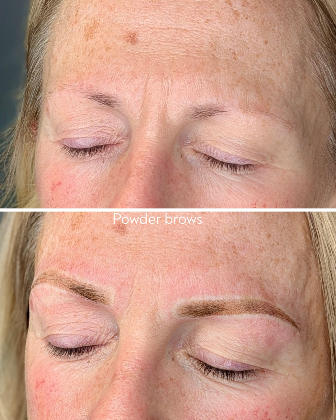 Powder brows before and after, soft-shaded permanent makeup result