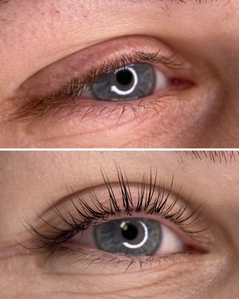 Before and after lash lift and tint result
